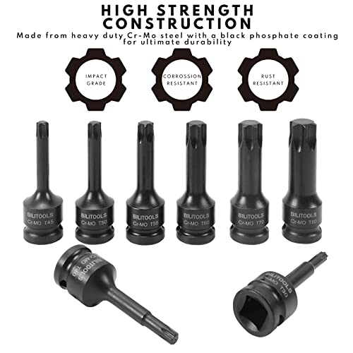 BILITOOLS 8-Piece Impact Torx Bit Socket Set 1/2 inch Drive, T30-T80, Cr-Mo Steel - Image 5