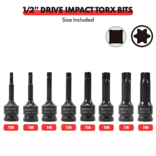 BILITOOLS 8-Piece Impact Torx Bit Socket Set 1/2 inch Drive, T30-T80, Cr-Mo Steel - Image 4