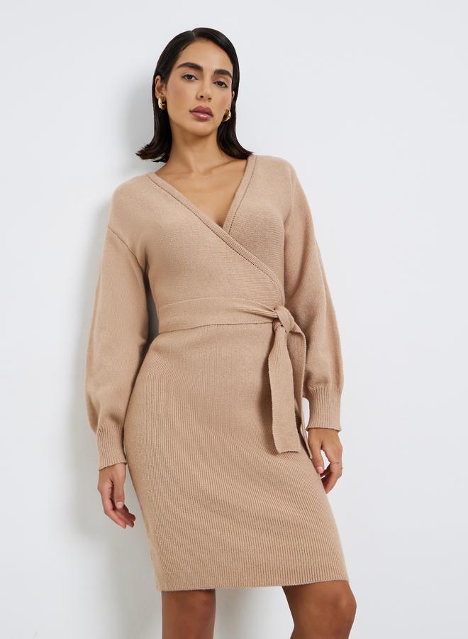 Styli Beige Sweater Knit Mini Dress with Tie Belt - Image 2