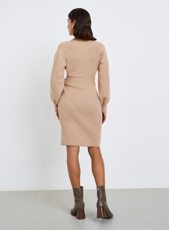 Styli Beige Sweater Knit Mini Dress with Tie Belt - Image 4