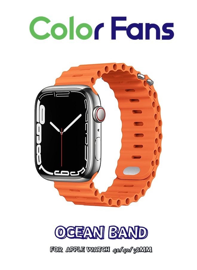 Color Fans - Apple Watch Ocean Band 41mm 40mm 38mm for Men Women, Soft Silicone Sport Band Replacement Strap for Apple Watch Ultra iWatch Series 8 7 SE 6 5 4 3 2 1 Orange - Image 1