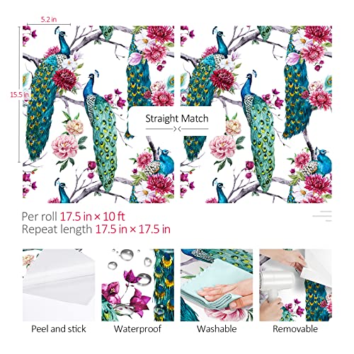 ReWallpaper Vintage Peal and Stick Peacock Wallpaper BlueGreenTeal Flower Tree Wall Paper Self Adhesive 175in X 10ft Removable Wallpaper Peel and Stick Contact Paper Wall Mural for Bathroom Bedroom - Image 3