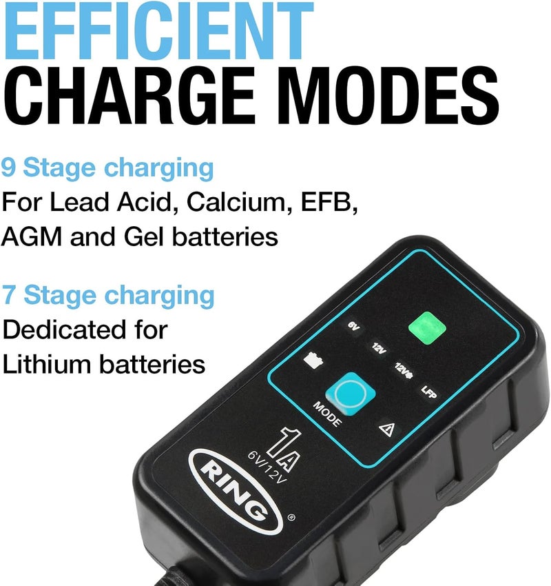 رينج شاحن وصيانة سيارة SMARTCHARGE 1A مع مشابك تمساح وتصميم فائق الصغر، متوافق مع بطاريات الليثيوم والرصاص والجيل والكالسيوم وEFB وAGM - Image 3