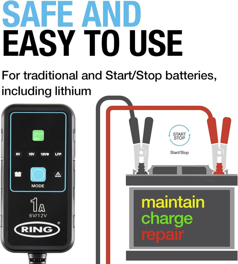 رينج شاحن وصيانة سيارة SMARTCHARGE 1A مع مشابك تمساح وتصميم فائق الصغر، متوافق مع بطاريات الليثيوم والرصاص والجيل والكالسيوم وEFB وAGM - Image 2