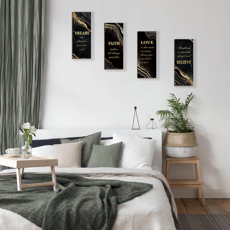 ONIZHITY 4 Pcs Black and Gold Bathroom Decor Gold Wall Decor with Dreams Faith Love Believe Wooden Rustic Marble Style Versatile Bathroom Accessories for Bedroom Living Room Kitchen(Black Gold 10X4) - Image 4