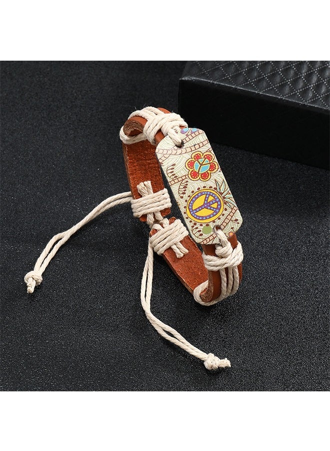 بيوند سوار جلدي على الطراز العرقي، ختم ساخن لسوار علامة السلام (بني) - Image 4