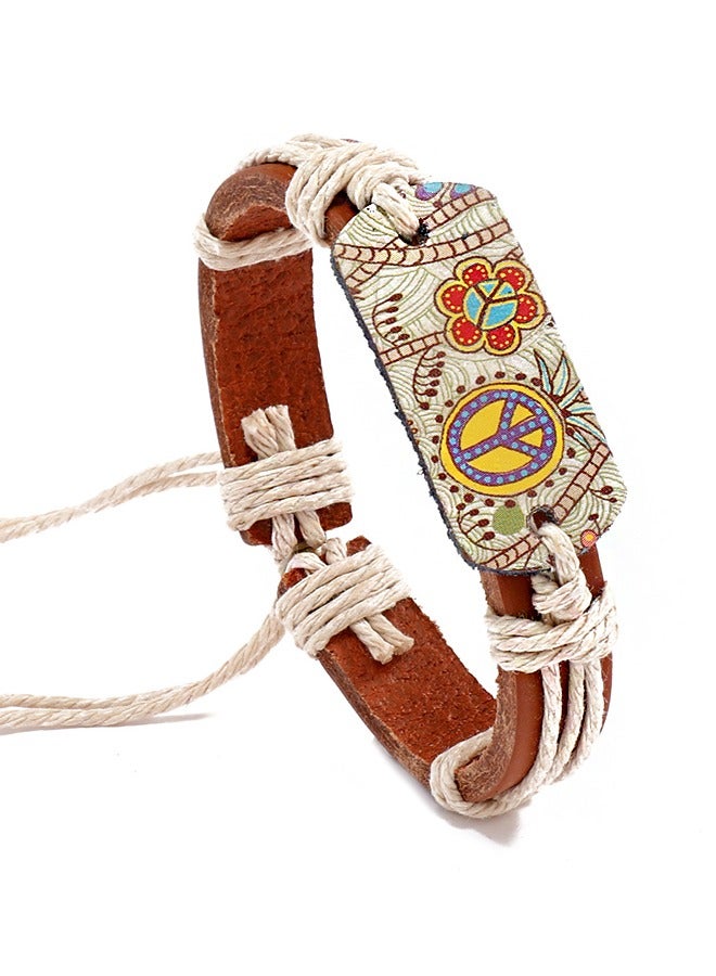 بيوند سوار جلدي على الطراز العرقي، ختم ساخن لسوار علامة السلام (بني) - Image 1