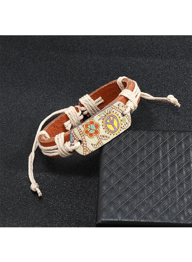 بيوند سوار جلدي على الطراز العرقي، ختم ساخن لسوار علامة السلام (بني) - Image 3