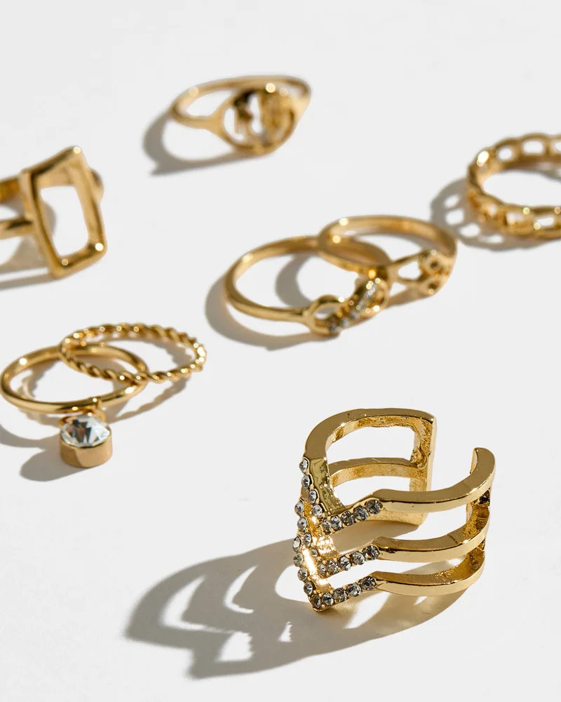REDTAG Women Gold Embellished Rings Set (8 Piece)