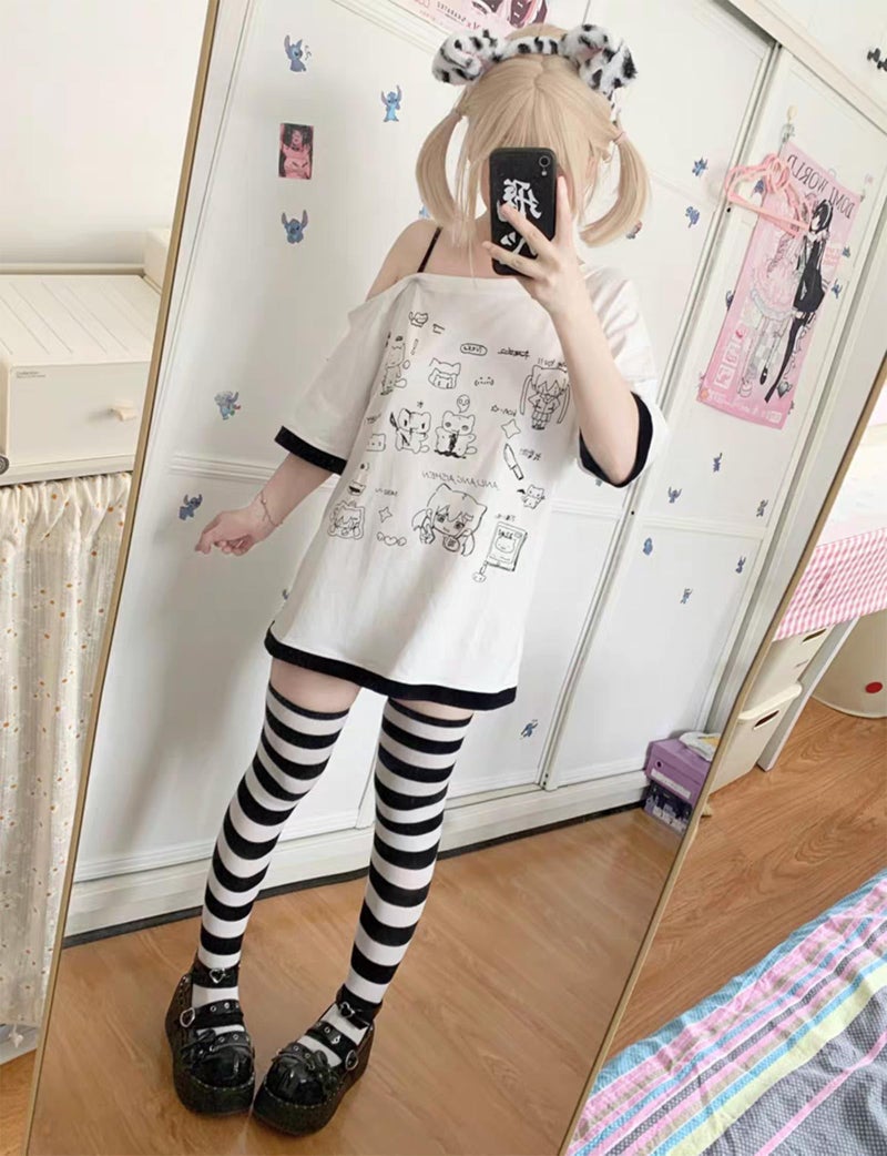 Dynict Y2k Kawaii Shirts for Women Cartoon Graphic Tees Off Shoulder Cutecore Shirts Harajuku Fashion Gothic Tops (White,Medium) - Image 3