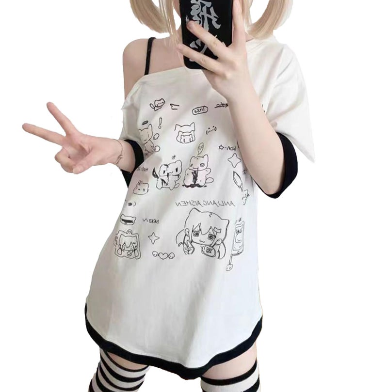 Dynict Y2k Kawaii Shirts for Women Cartoon Graphic Tees Off Shoulder Cutecore Shirts Harajuku Fashion Gothic Tops (White,Medium) - Image 1