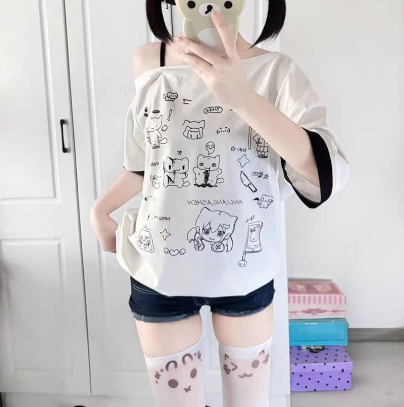 Dynict Y2k Kawaii Shirts for Women Cartoon Graphic Tees Off Shoulder Cutecore Shirts Harajuku Fashion Gothic Tops (White,Medium) - Image 4