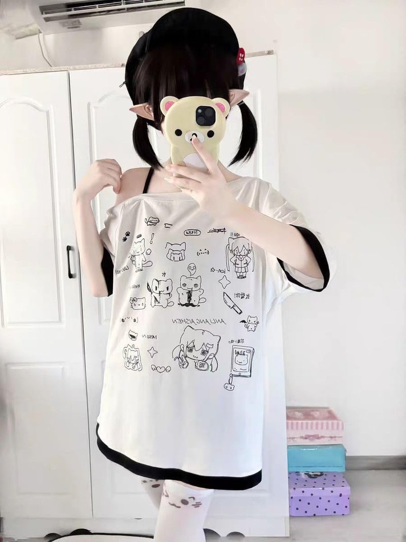 Dynict Y2k Kawaii Shirts for Women Cartoon Graphic Tees Off Shoulder Cutecore Shirts Harajuku Fashion Gothic Tops (White,Medium) - Image 5