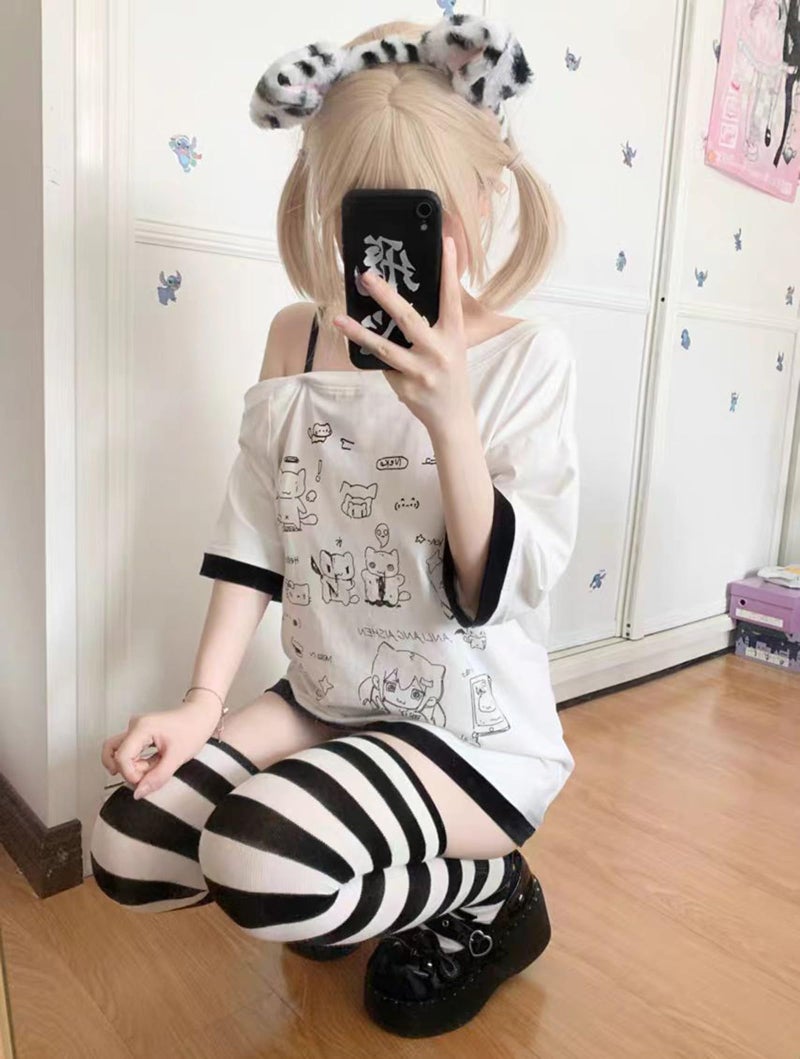 Dynict Y2k Kawaii Shirts for Women Cartoon Graphic Tees Off Shoulder Cutecore Shirts Harajuku Fashion Gothic Tops (White,Medium) - Image 2
