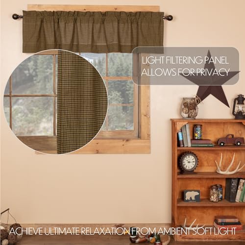 VHC Brands Tea Cabin Rustic 16"x72" Green Plaid Valance Rod Pocket Cotton Kitchen Window Curtains - Image 3