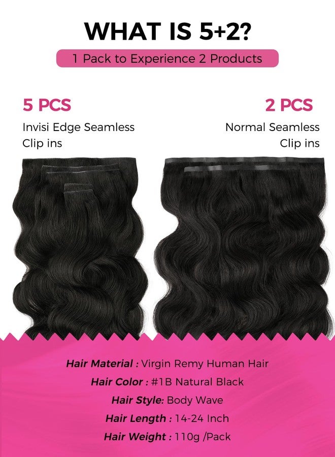 Lashey Invisi Edge & Seamless Clip in Hair Extensions Human Hair, 16 Inch 110g 7pcs(5pcs Invisi Edge& 2pcs Seamless) Real Virgin Human Hair Extensions, Natural Black Body Wave Hair - Image 2