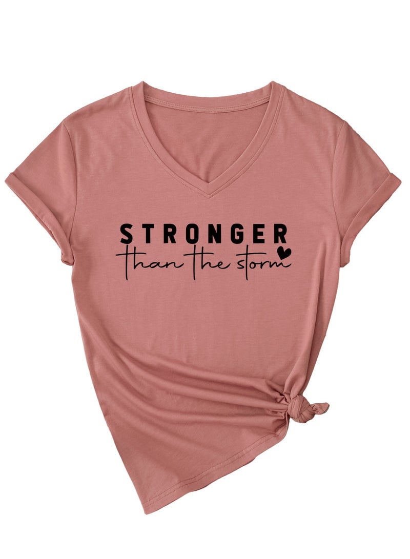Stronger Than The Storm V Neck Short Sleeve Top Inspirational Positive Quotes Graphic Shirt - Image 1
