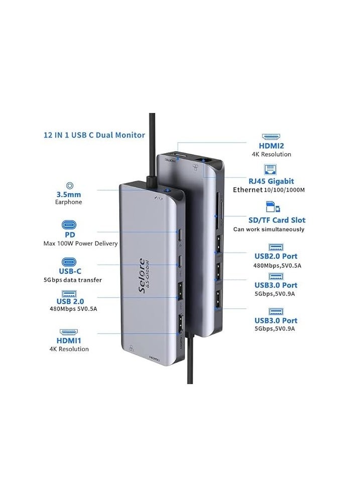 Generic USB C Docking Station Dual HDMI 12 in 1 USB C Hub with Dual HDMI, 2 x USB 3.0 & 2 x USB 2.0, 100 W PD, USB C Data, SD & TF Card Reader, Gigabit Ethernet, 3.5 mm Audio/Mic, Compatible MacBook Pro and  - Image 2