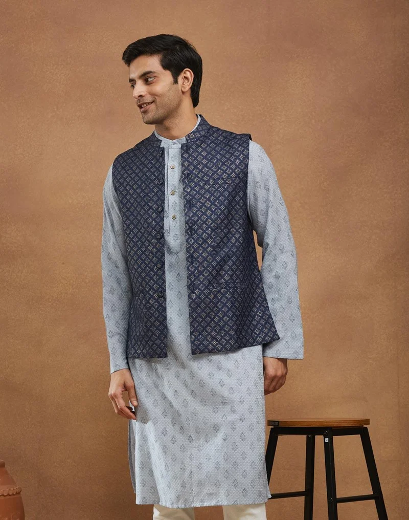 Fabindia Navy Silk Hand Block Print Nehru Jacket