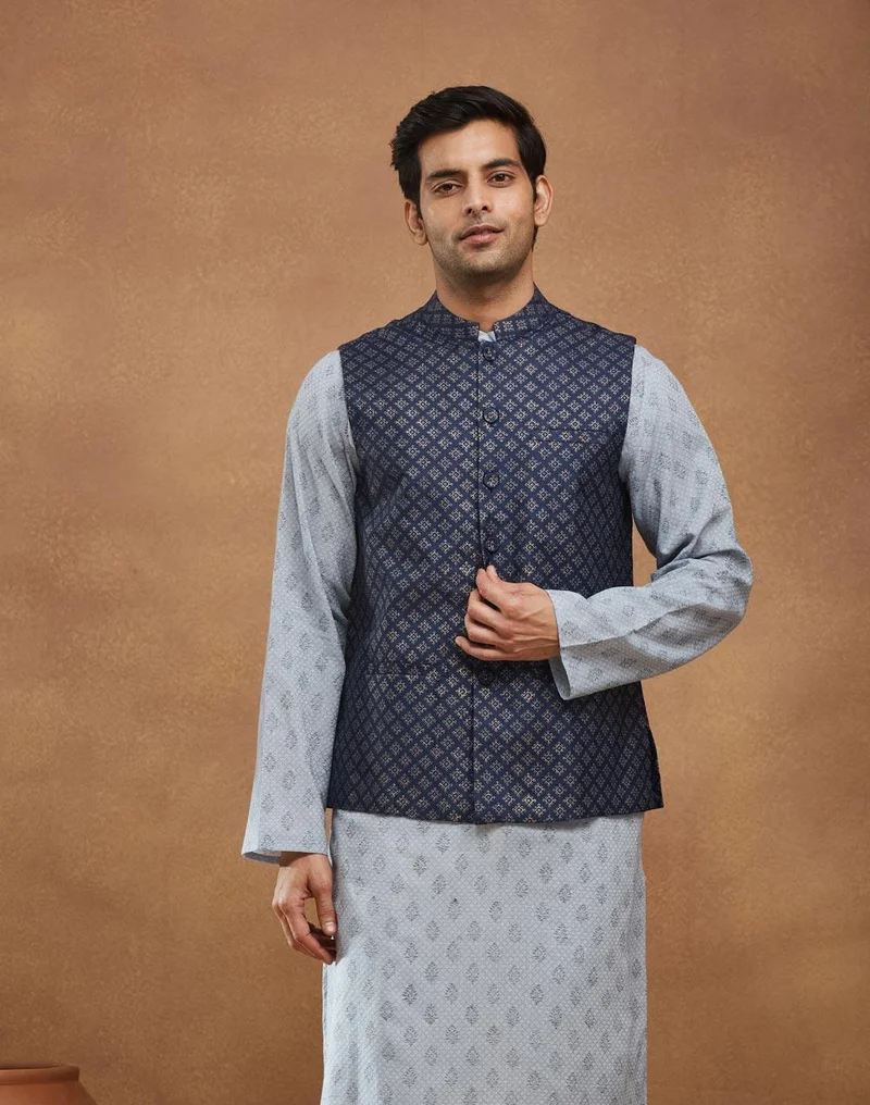 Fabindia Navy Silk Hand Block Print Nehru Jacket
