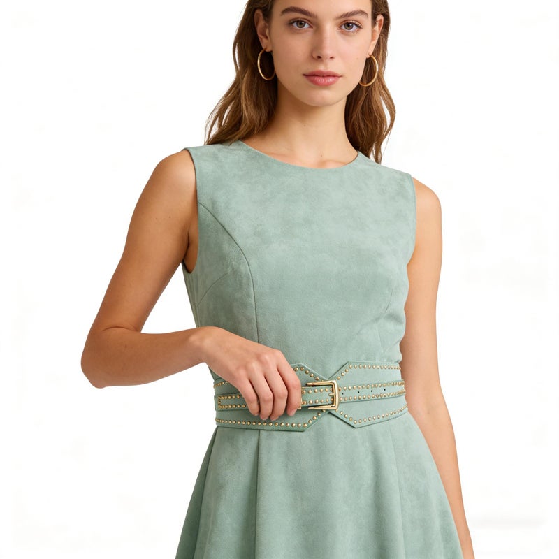 ZYALTFDC Green Vintage Cinch Wide Waist Elastic Belts for Women Dresses Western Wear Studded Dress Cinch Belts Ladies Fashion Stretch Thick Adjustable Retro Belt Girls Stretchy Rivets Waist Band - Image 5