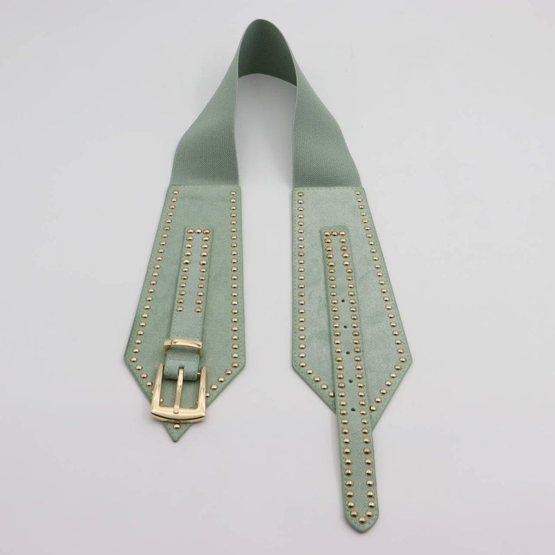 ZYALTFDC Green Vintage Cinch Wide Waist Elastic Belts for Women Dresses Western Wear Studded Dress Cinch Belts Ladies Fashion Stretch Thick Adjustable Retro Belt Girls Stretchy Rivets Waist Band - Image 4