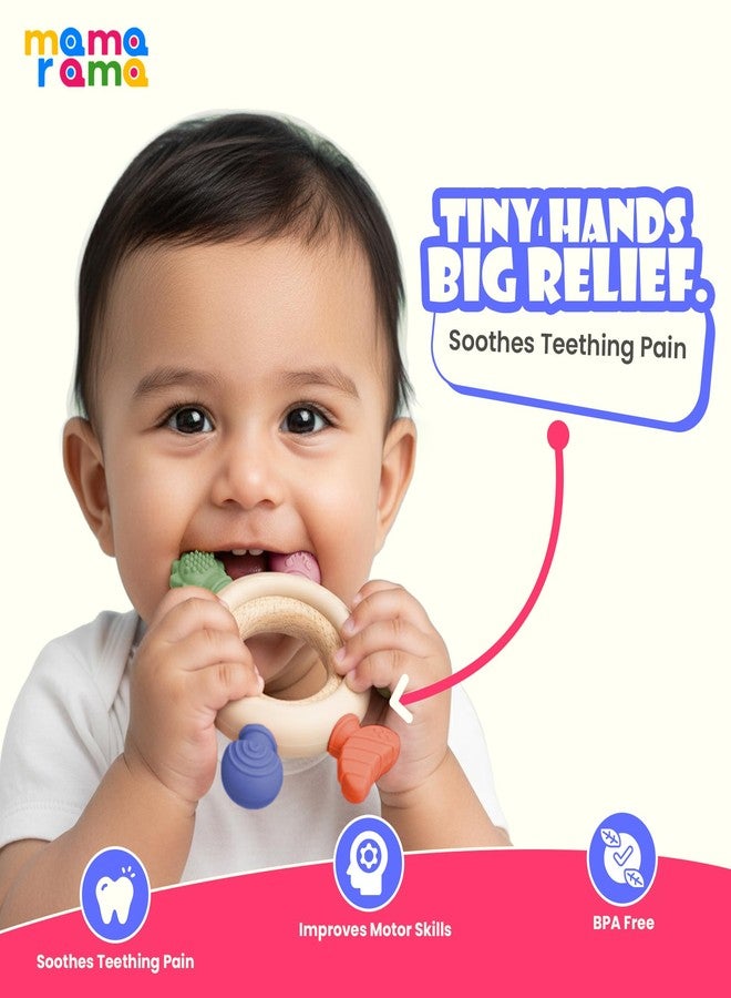 Mamarama Silicone & Wood Baby Teether - BPA-Free Teething Toy for 3+ Months, Soft Chewable Teether for Babies 0-6 Months, Natural Neem Wooden & Silicone Rattle for Gum & Teeth Relief, Best Rubber Sucker for Biting & Chewing (Color: Dark) - Image 2