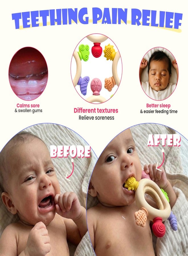 Mamarama Silicone & Wood Baby Teether - BPA-Free Teething Toy for 3+ Months, Soft Chewable Teether for Babies 0-6 Months, Natural Neem Wooden & Silicone Rattle for Gum & Teeth Relief, Best Rubber Sucker for Biting & Chewing (Color: Dark) - Image 3