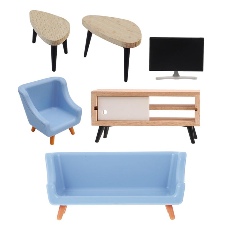 DIY Miniature Accessories 6 Pcs Black White TV Cabinet Blue Sofa Two Tier Coffee Table - Image 2
