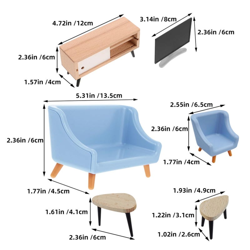 DIY Miniature Accessories 6 Pcs Black White TV Cabinet Blue Sofa Two Tier Coffee Table - Image 3