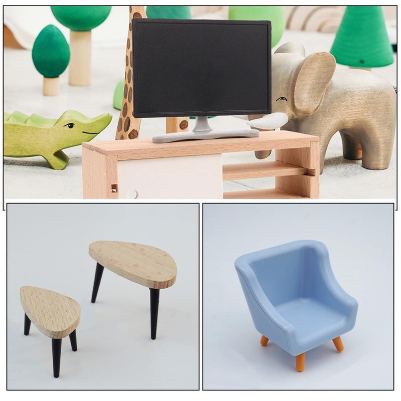 DIY Miniature Accessories 6 Pcs Black White TV Cabinet Blue Sofa Two Tier Coffee Table - Image 4