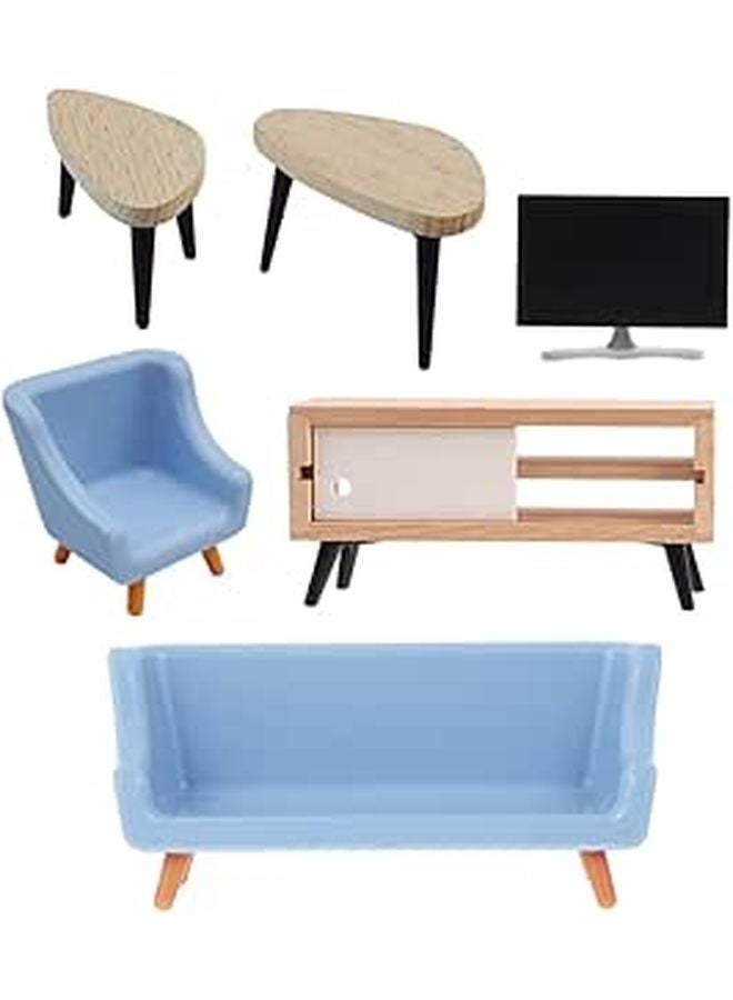 DIY Miniature Accessories 6 Pcs Black White TV Cabinet Blue Sofa Two Tier Coffee Table - Image 1