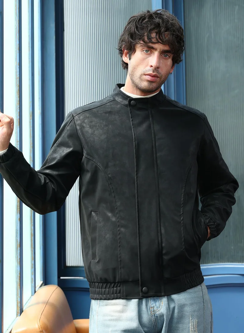 Campus Sutra Men Coated Panel-Stitch Rider Jacket | Band Collar, Long Stretch-Cuff Sleeves | Zipper , Stretch-Straight Hem | Solid Coated | Woven Fabric For Casual & Daily Wear | Onyx Black