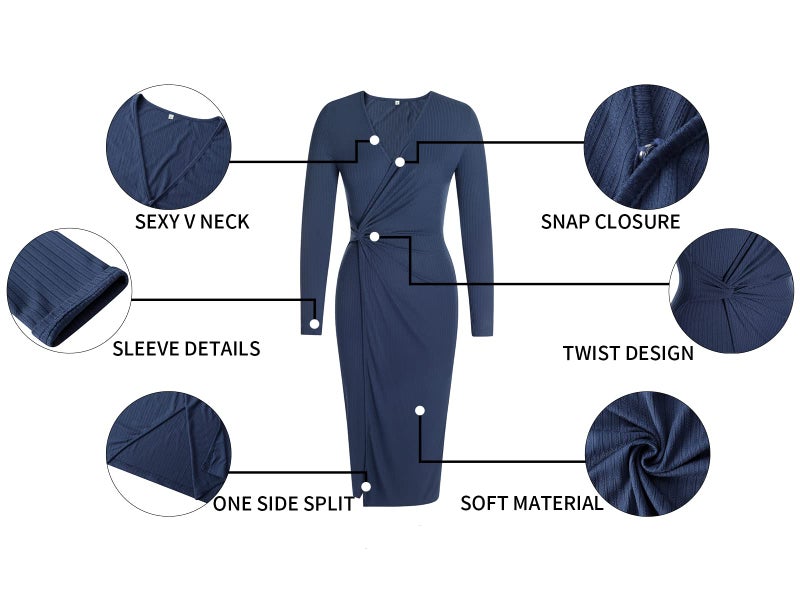 SHIBEVER Women's Long Sleeve Dress: Midi Casual V Neck Slit Cocktail Party Dress with Twist Front Waist Blue L - Image 5
