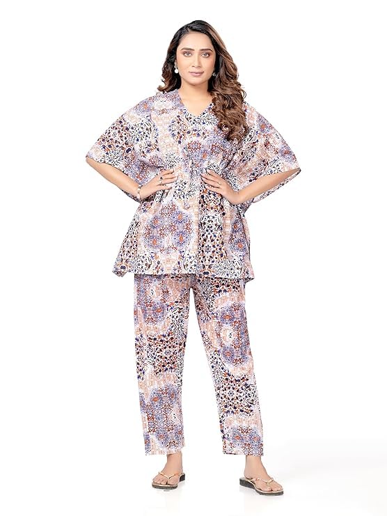 NEGLIGEE Women's Cotton Printed Night Suit Pyjama Set | Co Ord Set for Women Night Dress 2-Piece Outfits Pajama Night Wear (Free Size, Blue) - Image 1