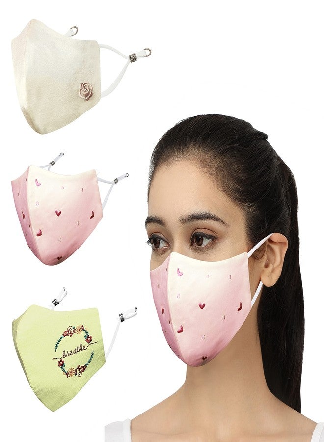 MASQ By Q-One 4 Layer Washable, Reusable, Size Adjustable, Anti-Bacterial (BFE>99%) Embroidered Cotton Cloth Face Mask Combo for Women, Girls with 1 Detachable Chain (Multicolor, Large, Pack of 3) - Image 1