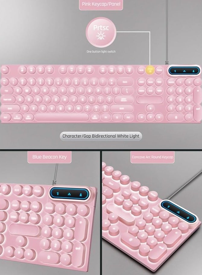 erorex Retro Wired Gaming Keyboard, Led Backlit Typewriter Style Mechanical Gaming Keyboard with 104 Round Keys, Multimedia Keys, Ergonomic USB Keyboard for Office Desktop Laptop (Pink) - Image 4