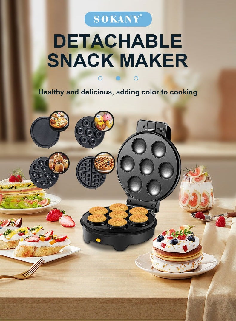 sokany 5 IN 1 Multi Snacks Maker with Donut-Meatball-Waffle-Cake-Pizza Non Stick Detachable Plates, 1000W, SK-08093  - Image 2