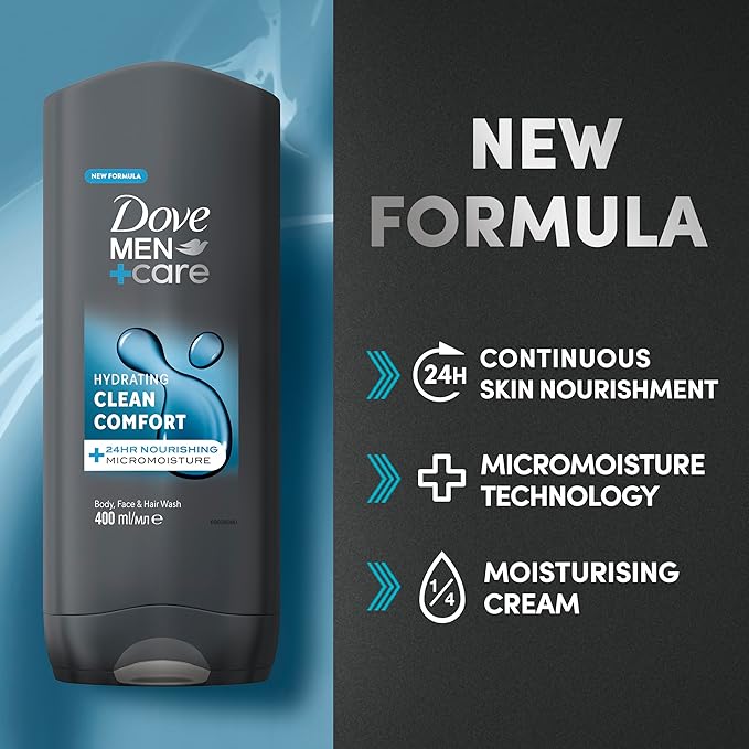 Dove Men+Care Dove MenCare Hydrating Clean Comfort 3in1 Hair Body and Face Wash Body Cleanser shower gel with 24 hour nourishing MicroMoisture technology for relaxed and reenergised skin 400 ml - Image 3