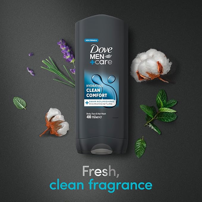 Dove Men+Care Dove MenCare Hydrating Clean Comfort 3in1 Hair Body and Face Wash Body Cleanser shower gel with 24 hour nourishing MicroMoisture technology for relaxed and reenergised skin 400 ml - Image 4