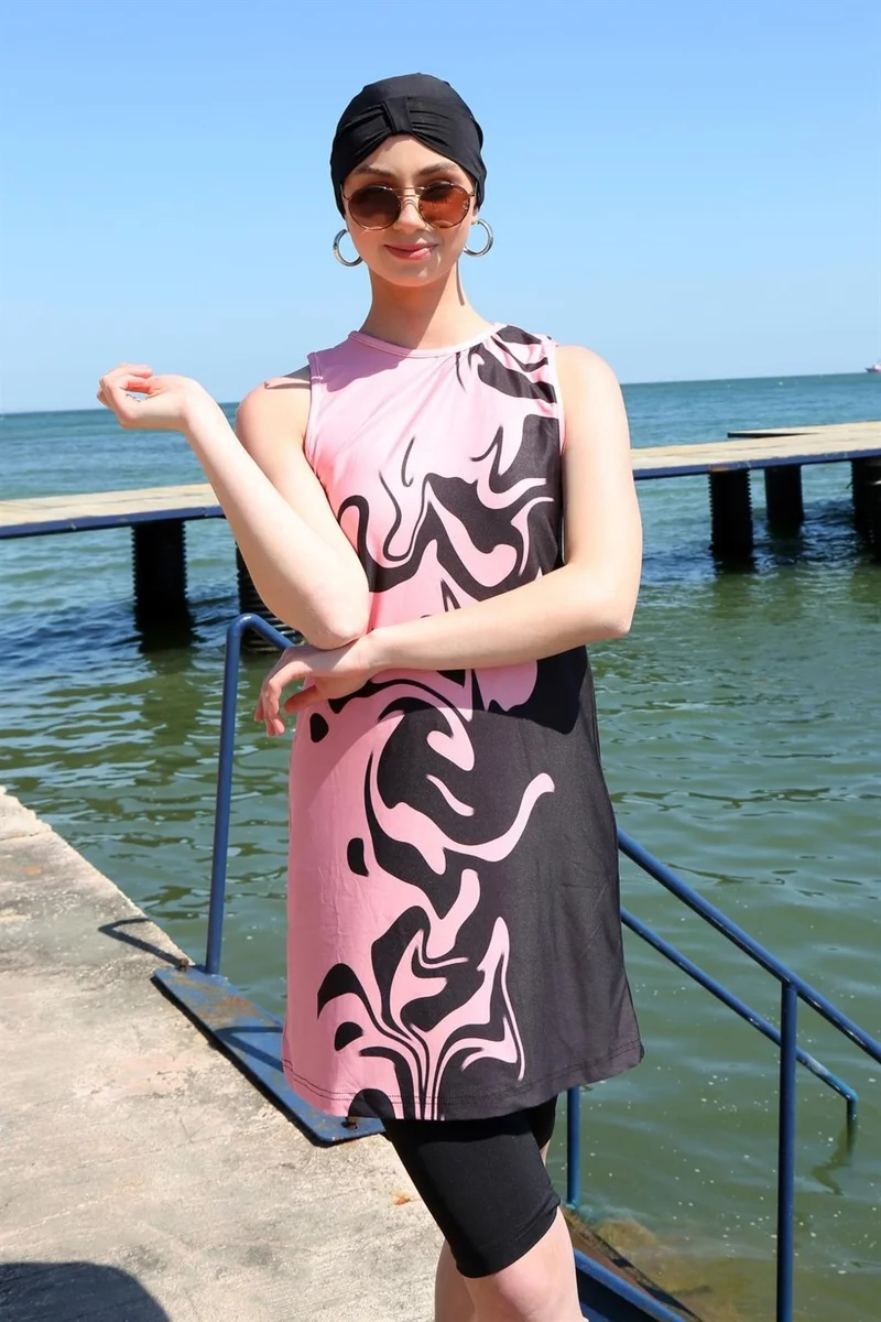 اكبينيز Zero Sleeve Patterned Half Hijab Swimsuit 33008