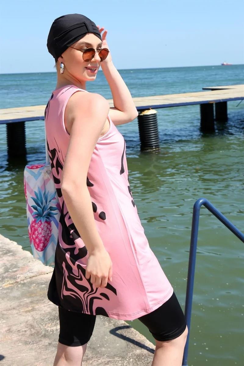 اكبينيز Zero Sleeve Patterned Half Hijab Swimsuit 33008