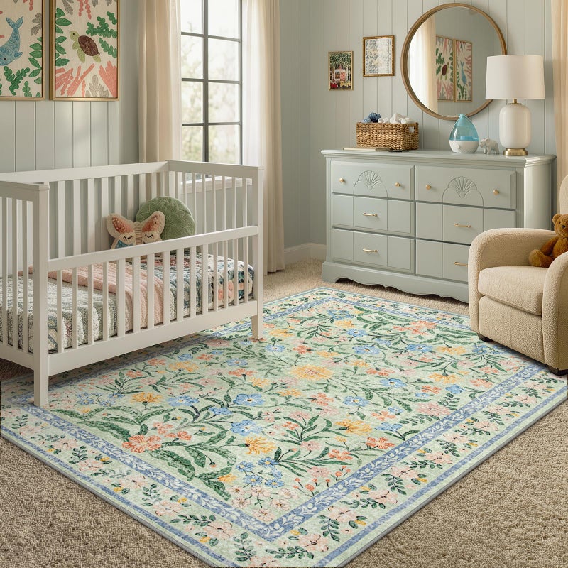 Morebes Washable 5x7 Area Rugs, Boho Pink and Green Floral Rugs for Living Room Non Slip, Soft Flower Indoor Floor Carpet for Nursery Bedroom Dining Room Cottage Core Decor - Image 2