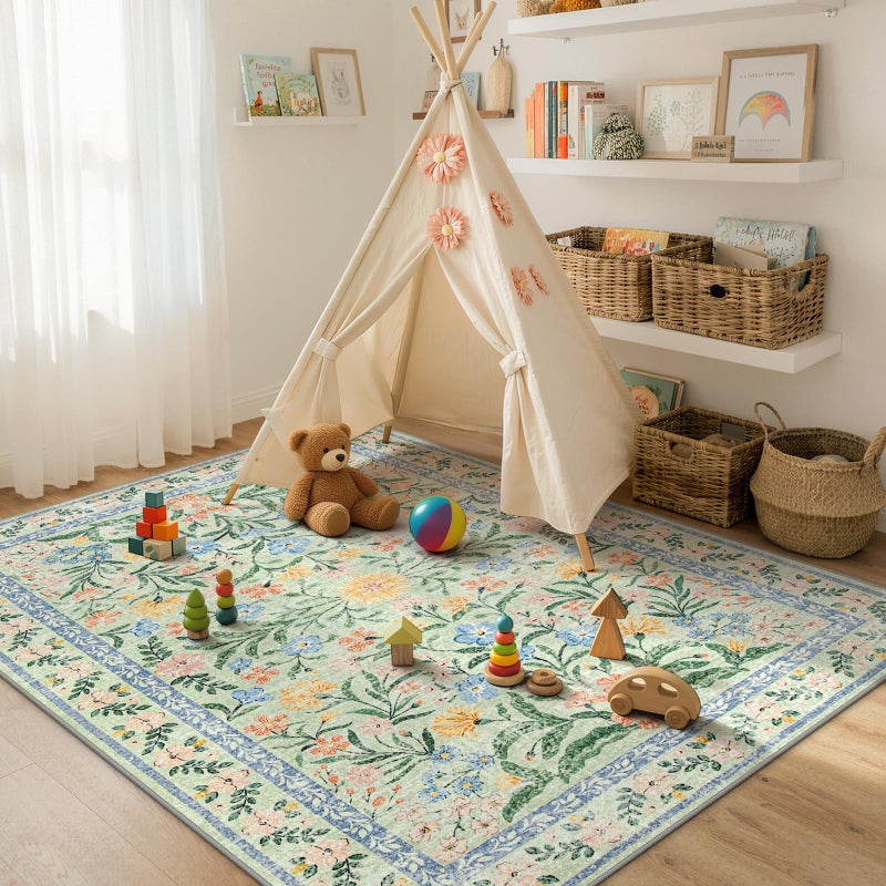Morebes Washable 5x7 Area Rugs, Boho Pink and Green Floral Rugs for Living Room Non Slip, Soft Flower Indoor Floor Carpet for Nursery Bedroom Dining Room Cottage Core Decor - Image 3