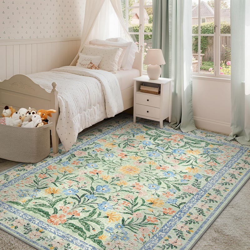 Morebes Washable 5x7 Area Rugs, Boho Pink and Green Floral Rugs for Living Room Non Slip, Soft Flower Indoor Floor Carpet for Nursery Bedroom Dining Room Cottage Core Decor - Image 1