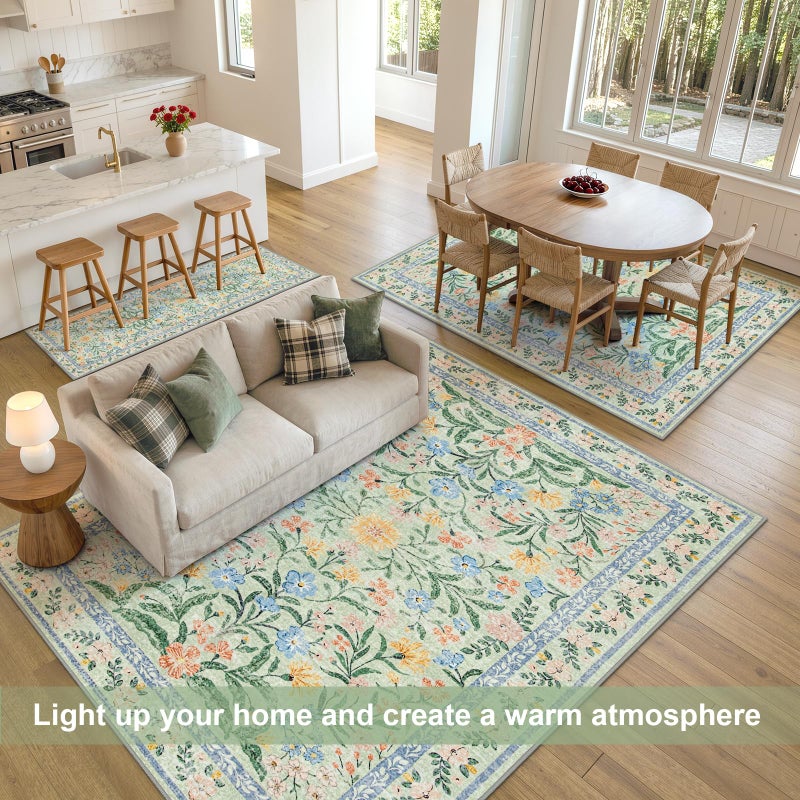 Morebes Washable 5x7 Area Rugs, Boho Pink and Green Floral Rugs for Living Room Non Slip, Soft Flower Indoor Floor Carpet for Nursery Bedroom Dining Room Cottage Core Decor - Image 4