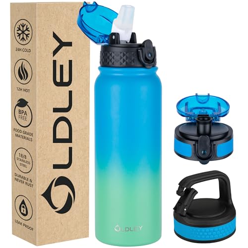 Oldley Insulated Water Bottle 20oz Water Bottles with Straw Stainless Steel Water Bottle with 3 Lids Double Wall Vacuum Bottles for Adult Kids Sports Bottles for School Travel Tropical Rainforest