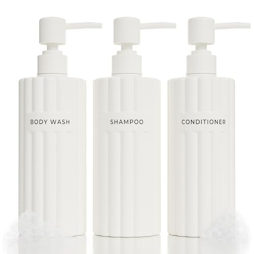 KIBAGA Stylish Shampoo and Conditioner Dispenser Set of 3 - Modern 19oz Shower Soap Bottles with Pump and Labels - Easy to Refill Body Wash Dispensers for an Instant Bathroom Decor Upgrade - Image 1