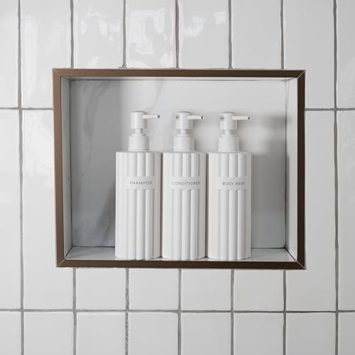 KIBAGA Stylish Shampoo and Conditioner Dispenser Set of 3 - Modern 19oz Shower Soap Bottles with Pump and Labels - Easy to Refill Body Wash Dispensers for an Instant Bathroom Decor Upgrade - Image 2
