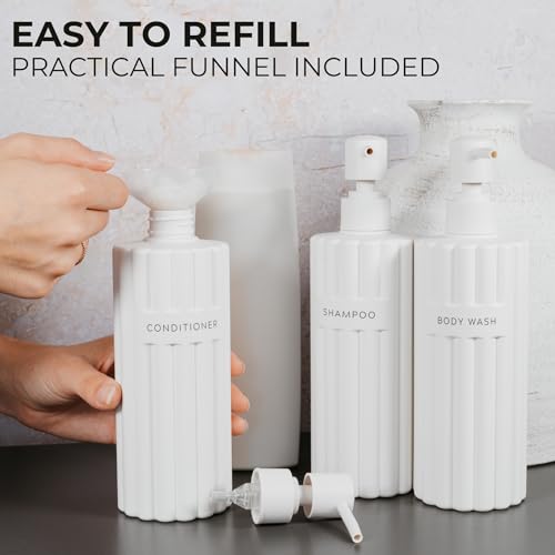 KIBAGA Stylish Shampoo and Conditioner Dispenser Set of 3 - Modern 19oz Shower Soap Bottles with Pump and Labels - Easy to Refill Body Wash Dispensers for an Instant Bathroom Decor Upgrade - Image 5